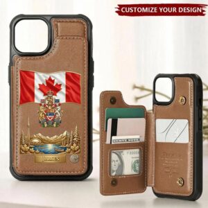 Front view of a custom Canada wallet case featuring a brown design and a vibrant Canadian flag.