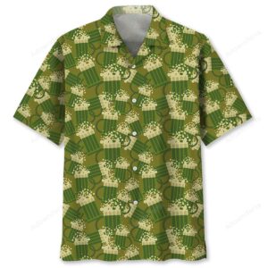 Front view of a beer Hawaiian shirt in green, featuring a fun beer mug design for St. Patrick's Day.