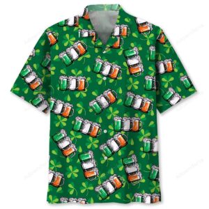 Front view of the beer shamrock shirt featuring vibrant green color and beer mugs design for St. Patrick's Day.