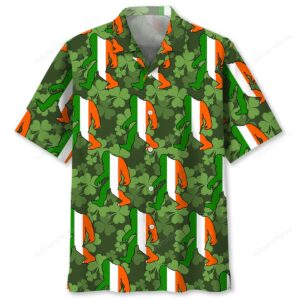 Front view of a Bigfoot Hawaiian shirt featuring green and orange designs with shamrocks for St. Patrick's Day.