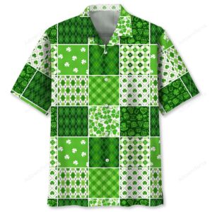 Front view of a vibrant green St. Patrick's Day shirt with a patchwork design and festive motifs.