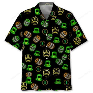 Lucky neon green St. Patrick's Day shirt featuring festive symbols, front view with a vibrant design.