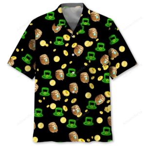 Front view of a black Hawaiian shirt featuring St. Patrick's Day designs, perfect for festive celebrations.