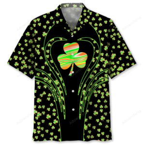 Front view of the shamrock Hawaiian shirt featuring vibrant green clovers on a black background.