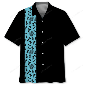 Front view of the chess blue shirt featuring a vibrant blue chess pattern on a black background.