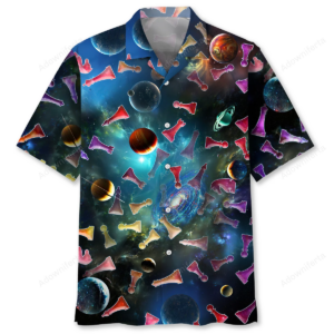 Front view of the chess space shirt featuring vibrant colors and chess pieces against a cosmic backdrop.