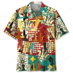 Front view of the chess color shirt featuring a vibrant design with chess pieces on a multicolored background.