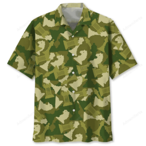 Front view of the chess camo shirt featuring a vibrant green and beige chess piece design.