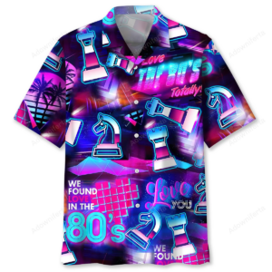 Front view of the vibrant chess 80s shirt featuring neon chess pieces and tropical colors.