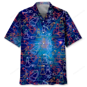 Front view of the chess space shirt featuring vibrant colors and chess piece design.