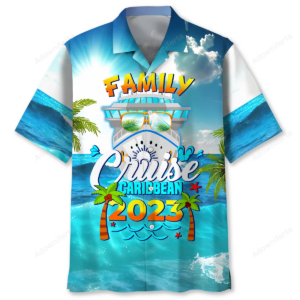 Front view of the cruise family shirt, featuring vibrant blue and white colors with a tropical design.