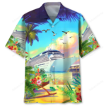 Front view of the cruise beach shirt showcasing vibrant colors and tropical design.