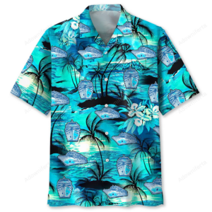 Front view of the cruise beach Hawaiian shirt featuring vibrant blue hues and ship prints.