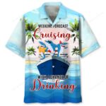 Front view of the cruise weekend forecast Hawaiian shirt featuring vibrant colors and fun shark graphics.