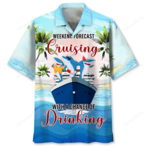 Front view of the cruise weekend forecast Hawaiian shirt featuring vibrant colors and fun shark graphics.