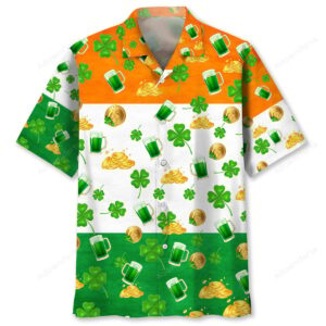 Front view of the St. Patrick's Day shirt featuring vibrant green, orange, and white colors with festive designs.