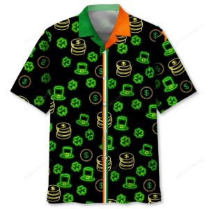 Front view of green neon St. Patrick Day shirt featuring vibrant shamrock and pot of gold designs.