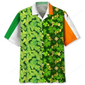 Front view of the shamrock Hawaiian shirt featuring vibrant green patterns for St. Patrick's Day celebrations.