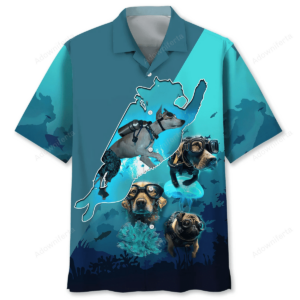 Front view of the scuba diving dog shirt featuring vibrant blues and playful dog designs.