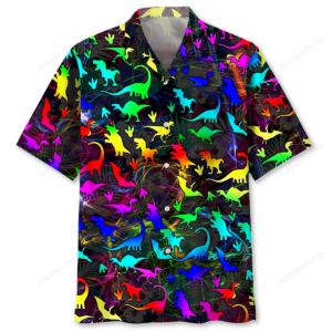 Colorful dinosaur color Hawaiian shirt showcasing vibrant patterns from the front view