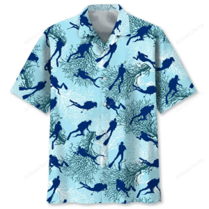 Front view of the scuba diving ocean shirt featuring a vibrant blue coral design.