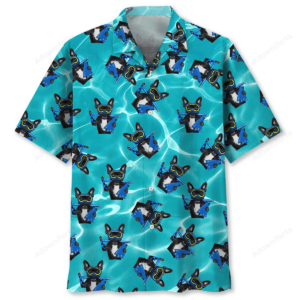 Front view of a vibrant aqua Hawaiian shirt featuring a scuba diving mask dog design.