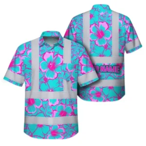 Custom workwear shirt in blue with pink flowers, featuring reflective tapes, front view showing pocket detail.