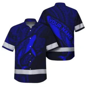 Front view of custom Hawaiian shirt in blue with whale design and reflective tape accents.
