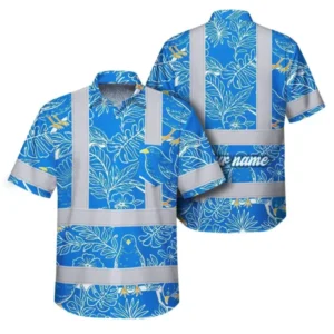 Custom workwear shirt in vibrant blue with reflective tapes and floral design, front view.