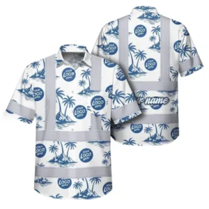 Custom workwear shirt in dark blue with white flowers, featuring reflective tapes, front view.