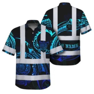 Hi vis Hawaiian shirt in black and blue with tribal design, featuring reflective tapes, front view.
