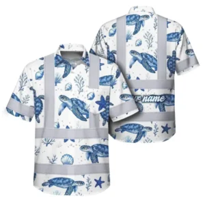Hi Vis Hawaiian shirt with green flowers and turtles, front view, ideal custom workwear shirt for visibility.