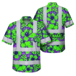 Front view of custom hi vis shirt featuring vibrant green and violet floral design with reflective tapes.
