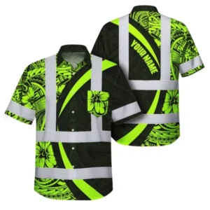 Hi vis Hawaiian shirt in bright green with black tribal patterns, featuring reflective tapes, front view.