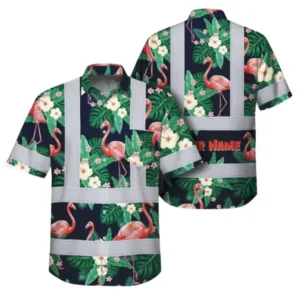 Front view of a hi vis Hawaiian shirt featuring neon pink flowers and reflective tapes.