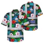 Front and back view of a dark tropical floral safety shirt with neon pink flowers, reflective tape, and custom name.