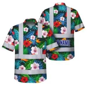 Front and back view of a dark tropical floral safety shirt with neon pink flowers, reflective tape, and custom name.
