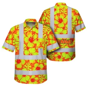 Front view of custom workwear shirt in orange and neon yellow, featuring floral design and reflective tape.