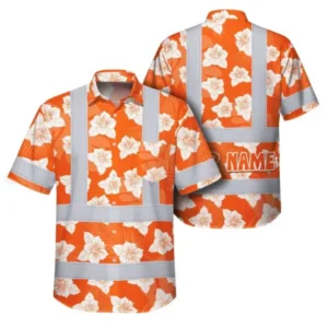 Front view of hi vis Hawaiian shirt in vibrant orange with neon flowers and reflective tapes.