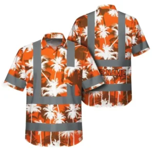 Custom workwear shirt in vibrant orange with neon flowers, front view showcasing reflective tapes.