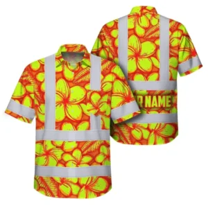Front and back view of an orange neon plumeria safety shirt with high-vis reflective tapes and custom name on the back.