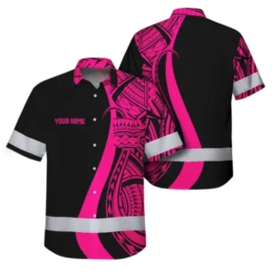 Front and back of a black and pink tribal safety shirt with reflective tape, neon Hawaiian patterns, and custom name.