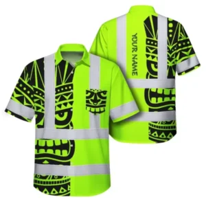 Front view of a custom hi vis shirt, bright green with black tribal tiki design and reflective tapes.