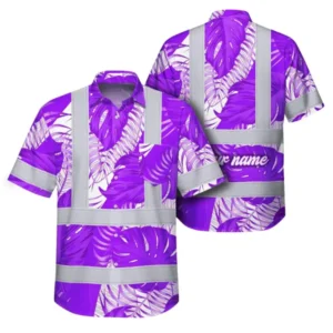 Front view of a custom workwear shirt in violet with neon flowers and reflective tapes.