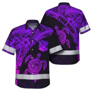 Front view of custom Hawaiian shirt in violet with reflective tapes and turtle design.