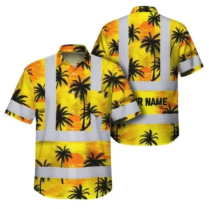 Front view of hi vis Hawaiian shirt with yellow neon flowers and reflective tapes, vibrant tropical design.