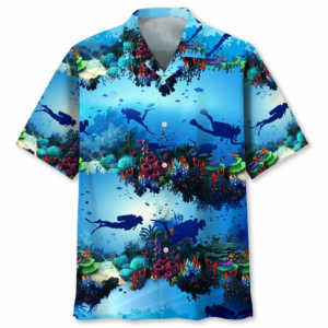 Front view of a vibrant scuba diving shirt featuring colorful ocean life and divers against a blue background.