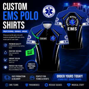 Front view of the personalized name EMS polo shirt in blue, showcasing the vibrant design and name area.