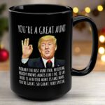 Front view of the you're a great aunt mug, featuring a humorous design on a sleek black ceramic surface.