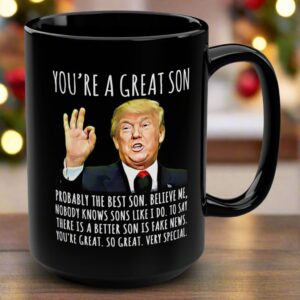 Front view of the you're a great son mug featuring a humorous design in black with vibrant colors.